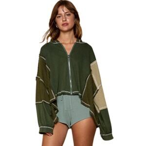 POL Raw Edge Patchwork Knit Hoodie Top Green Size Small NEW
